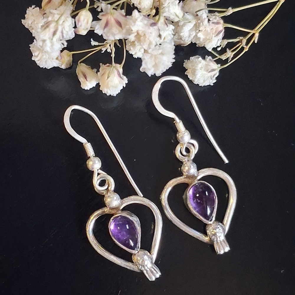 Amethyst Heart Design Sterling Silver Dangle Earrings – Romantic Boho